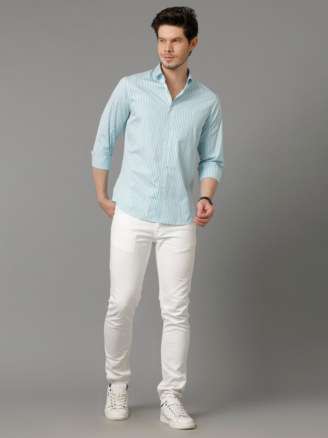 Aldeno Mens Regular Fit Vertical Stripes Blue Casual Cotton Shirt (CASEN)