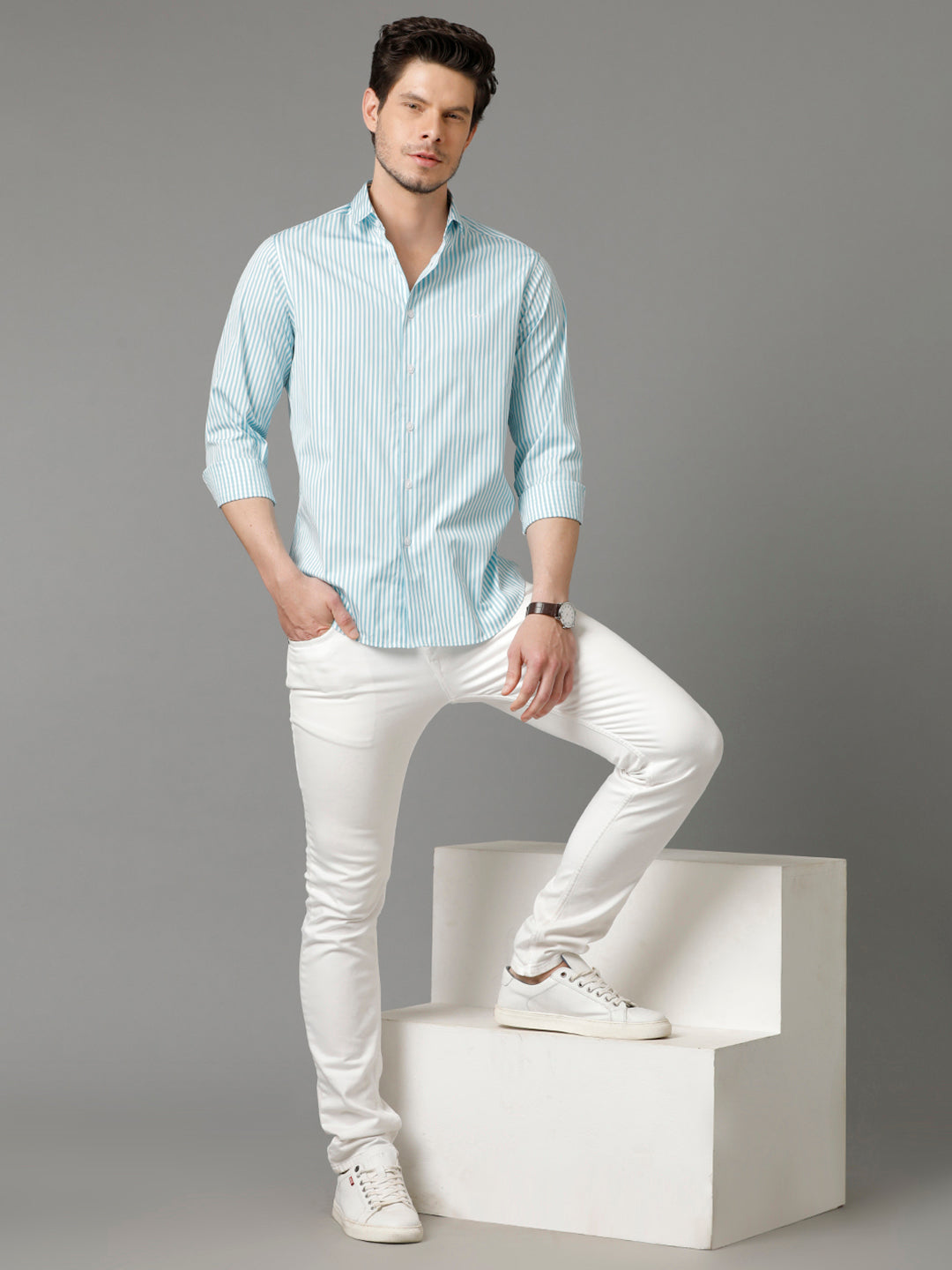 Aldeno Mens Regular Fit Vertical Stripes Blue Casual Cotton Shirt (CASEN)