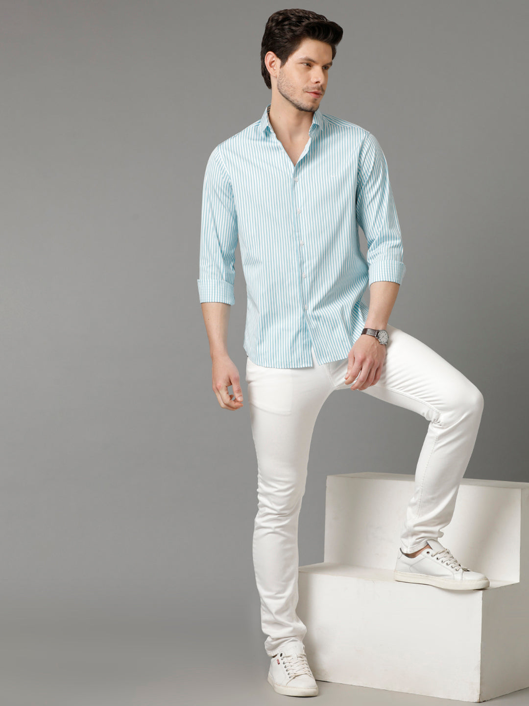 Aldeno Mens Regular Fit Vertical Stripes Blue Casual Cotton Shirt (CASEN)