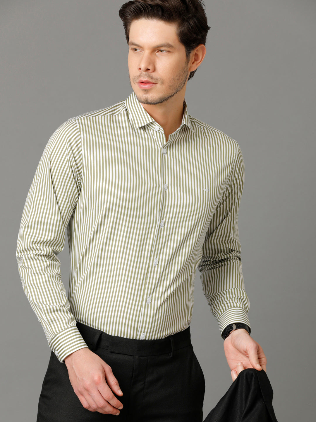 Aldeno Mens Regular Fit Vertical Stripes Green Casual Cotton Shirt (CASS)