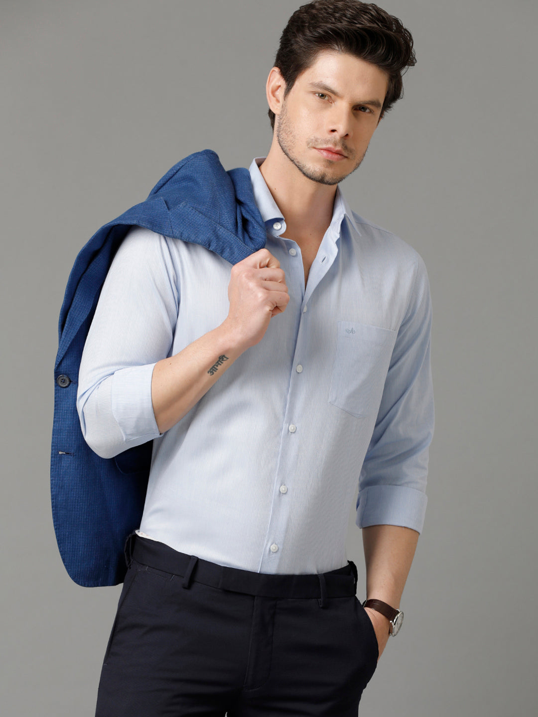 Aldeno Mens Regular Fit Vertical Stripes Blue Formal Cotton Shirt (CEDAR)