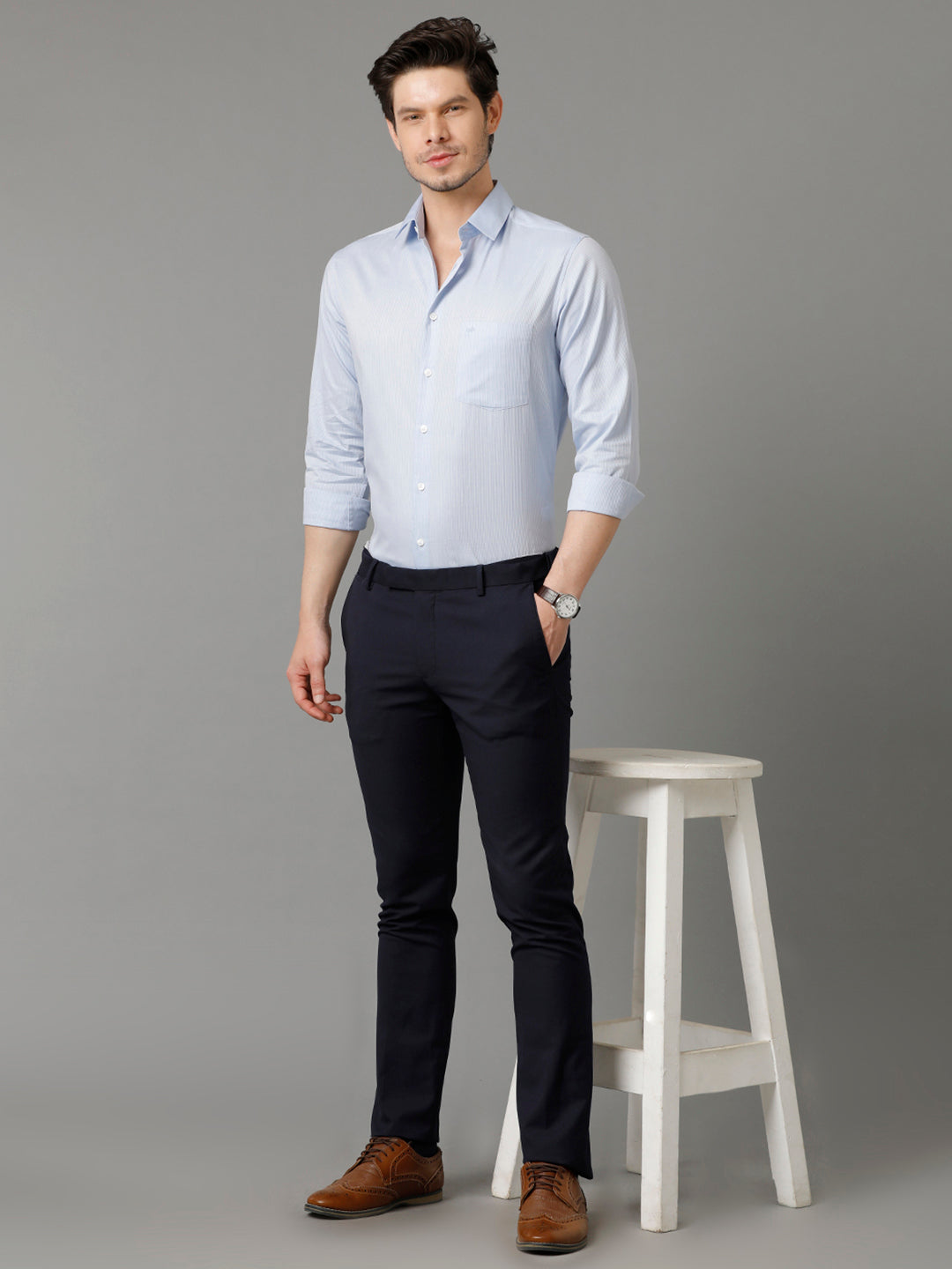 Aldeno Mens Regular Fit Vertical Stripes Blue Formal Cotton Shirt (CEDAR)