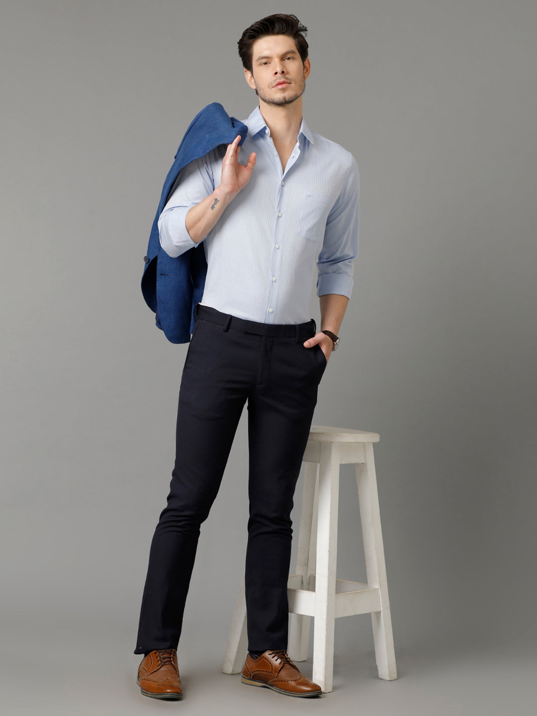 Aldeno Mens Regular Fit Vertical Stripes Blue Formal Cotton Shirt (CEDAR)