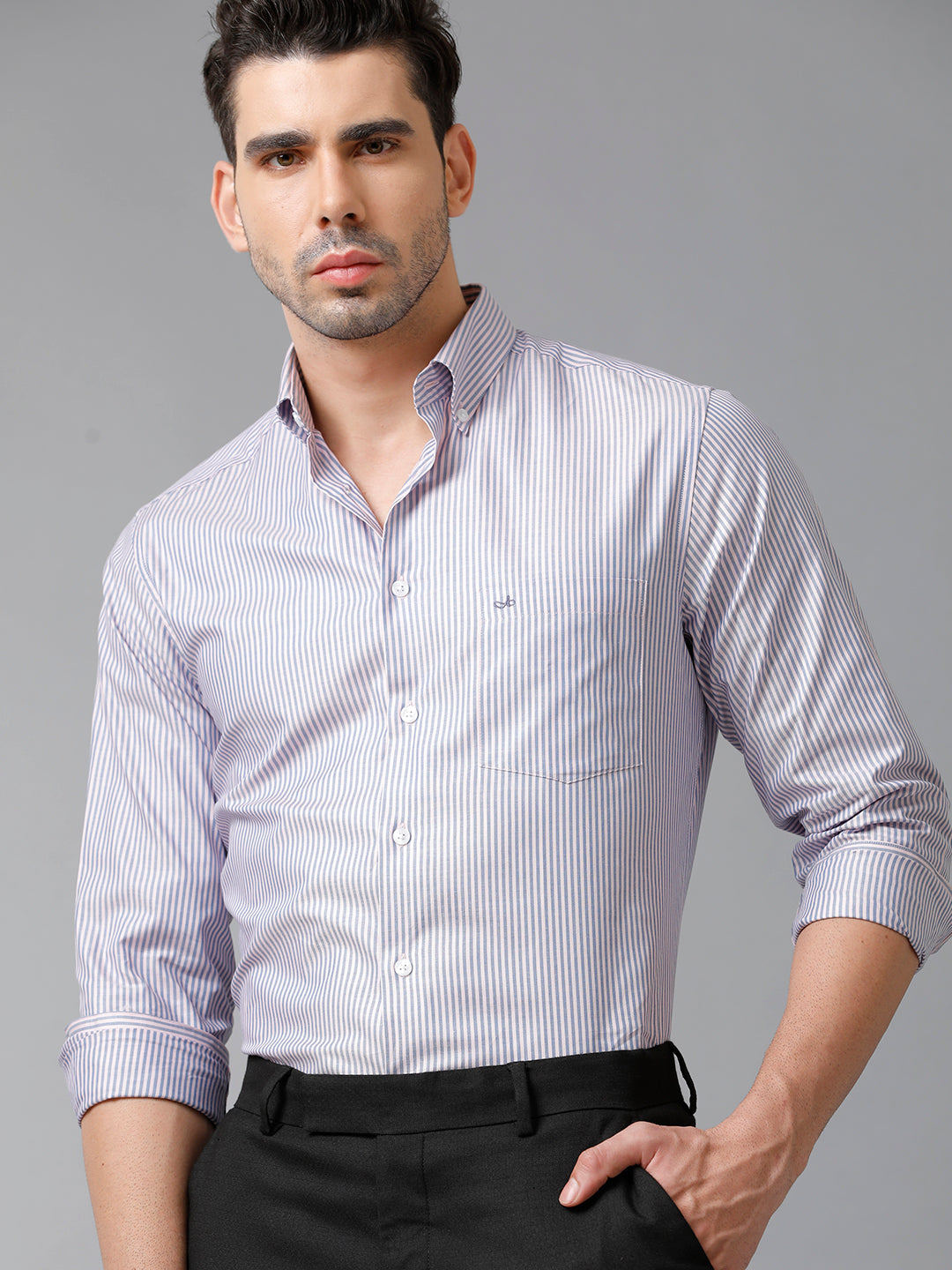 Aldeno Mens Vertical Stripes Formal Pink Shirt (CHAEL)