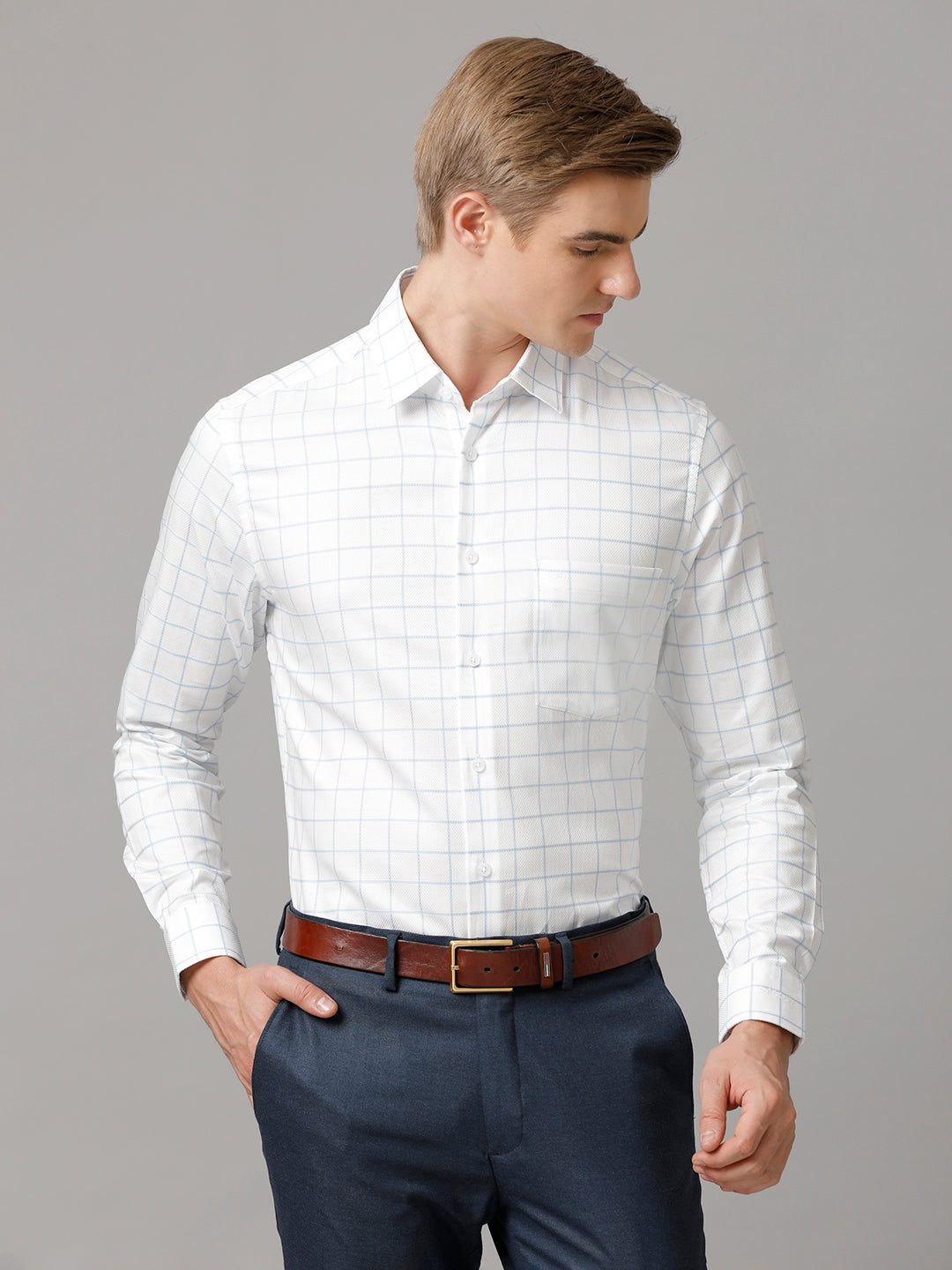Aldeno Men Checkered Formal White Shirt (CHASE)