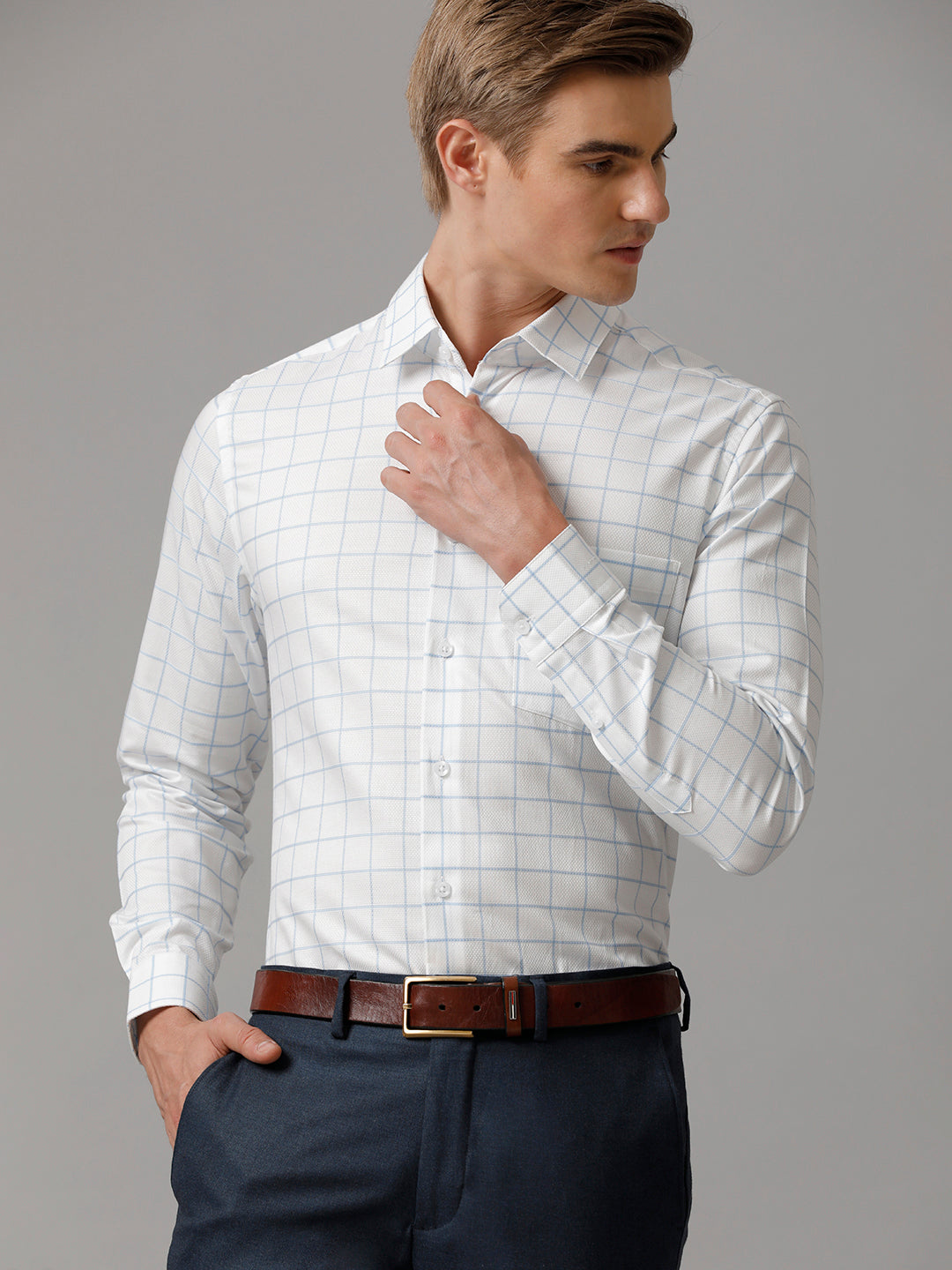 Aldeno Men Checkered Formal White Shirt (CHASE)