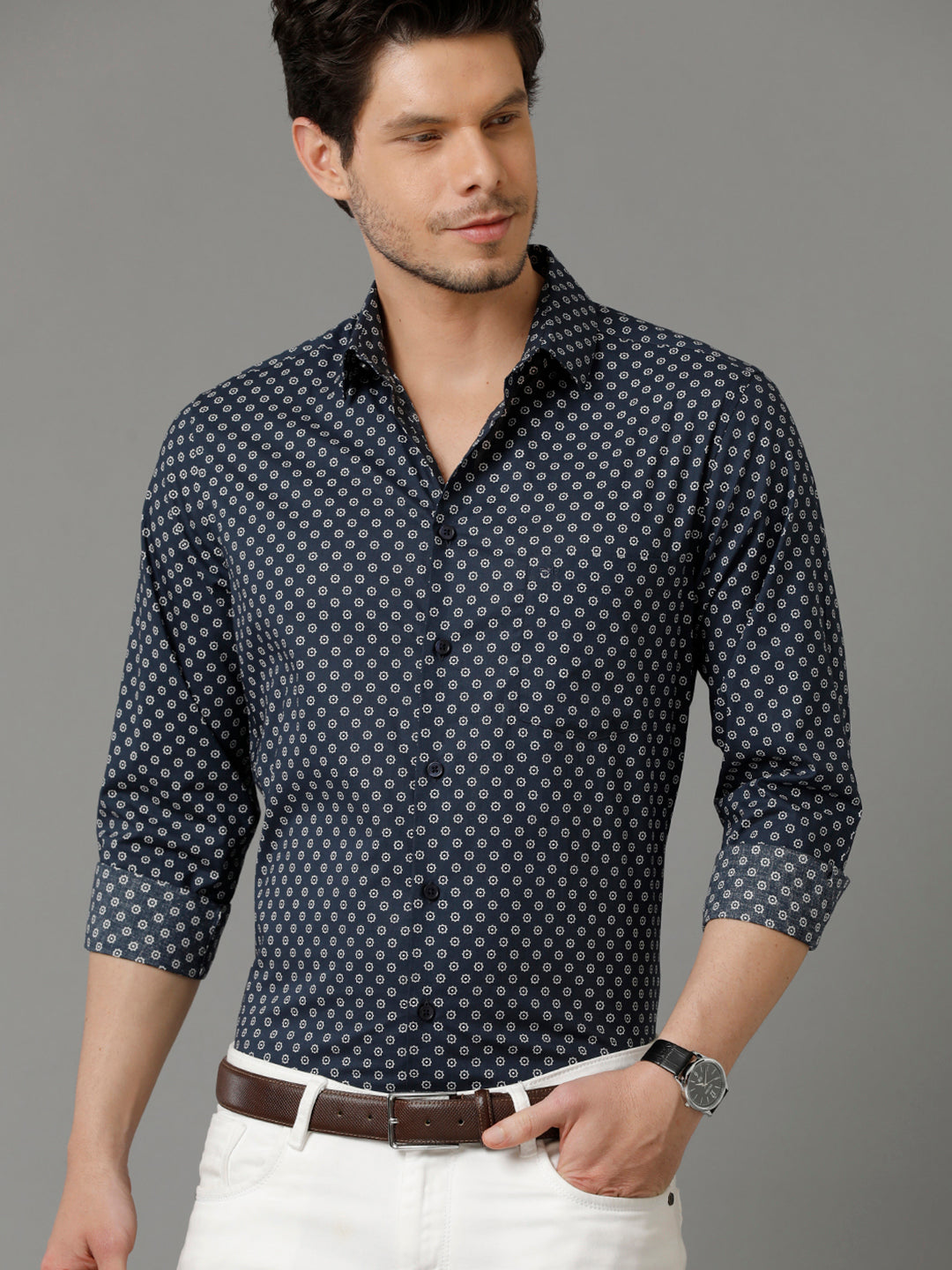 Aldeno Mens Regular Fit Abstract Print Navy Blue Casual Cotton Shirt (CHENG)