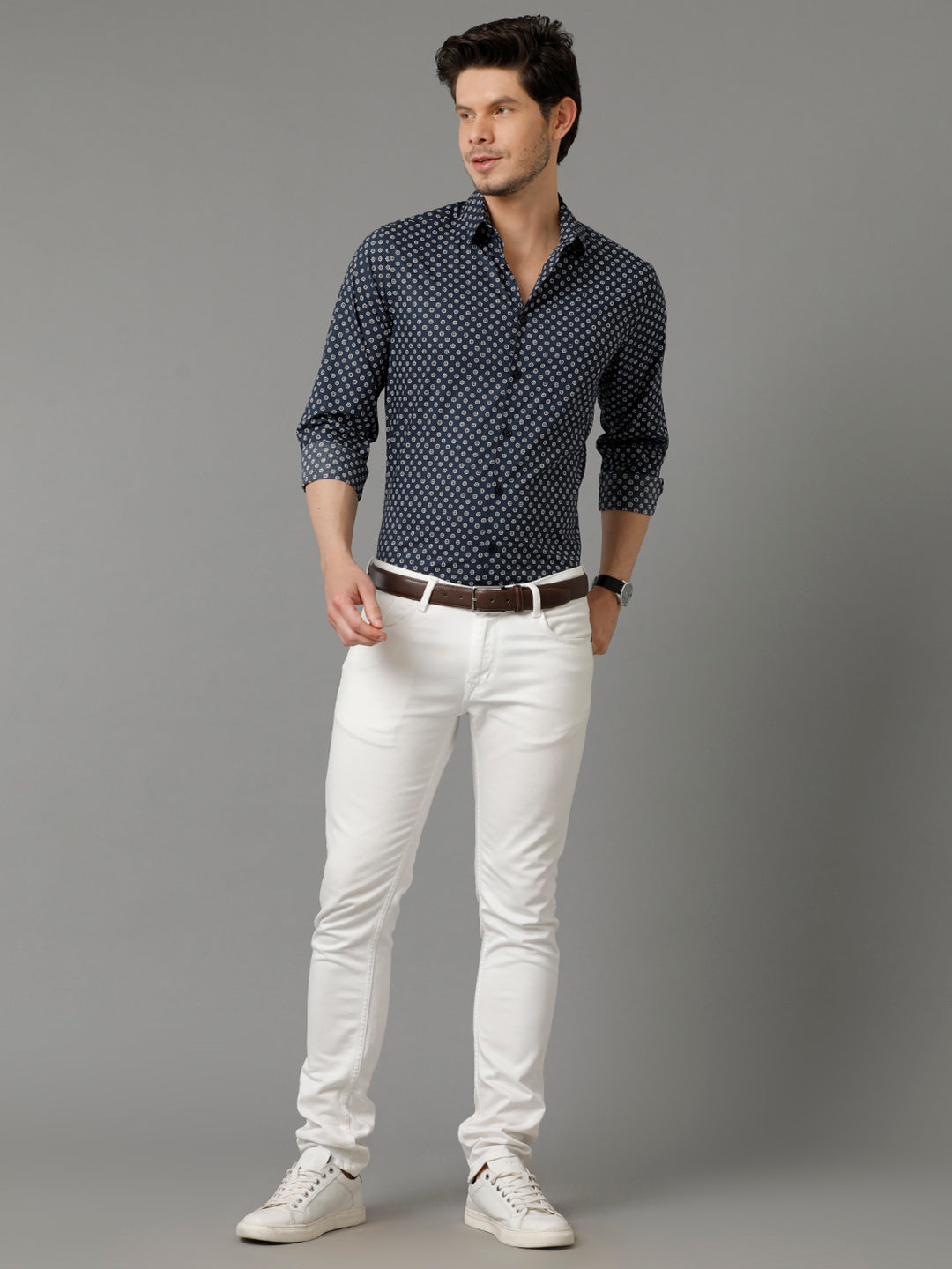 Aldeno Mens Regular Fit Abstract Print Navy Blue Casual Cotton Shirt (CHENG)