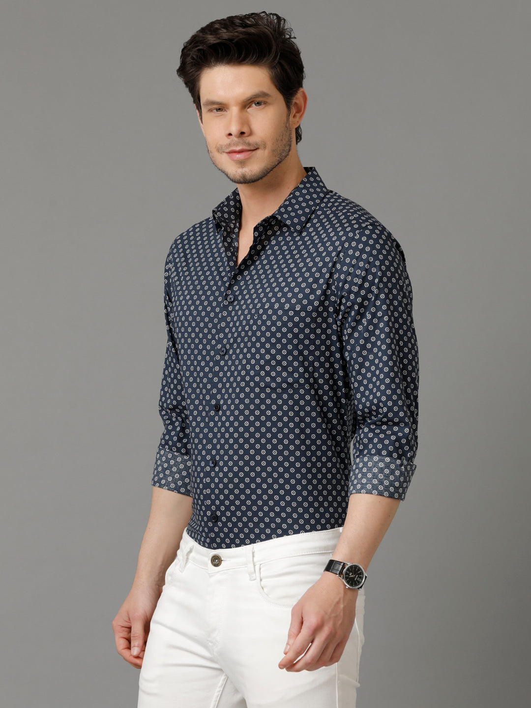 Aldeno Mens Regular Fit Abstract Print Navy Blue Casual Cotton Shirt (CHENG)