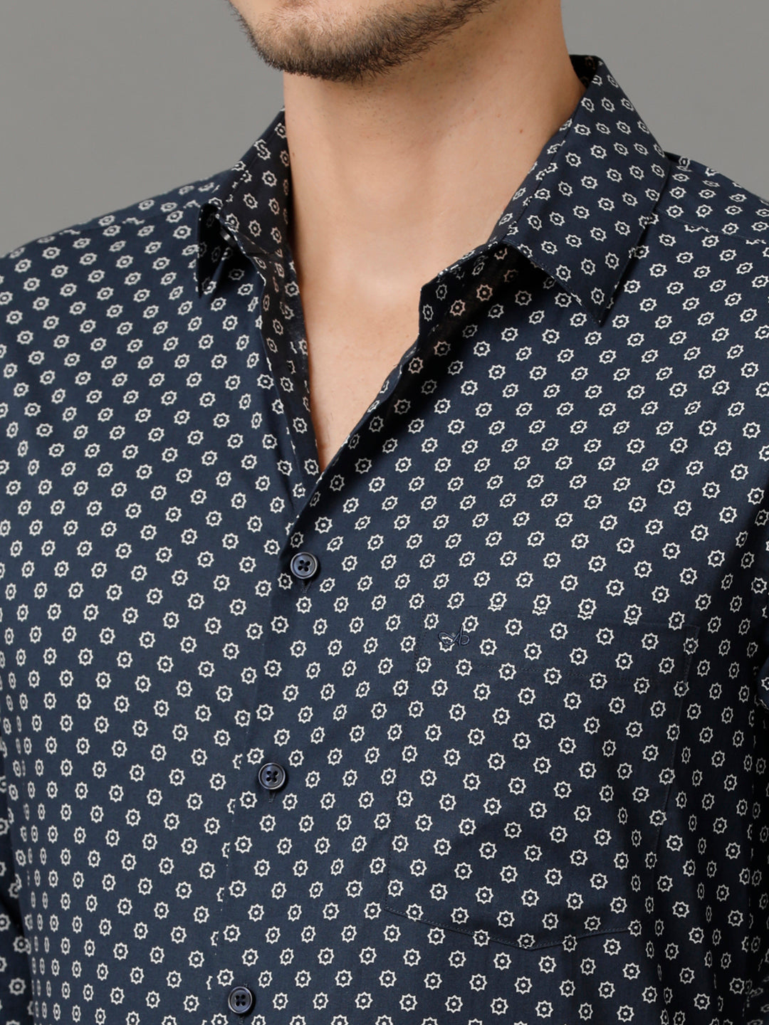 Aldeno Mens Regular Fit Abstract Print Navy Blue Casual Cotton Shirt (CHENG)