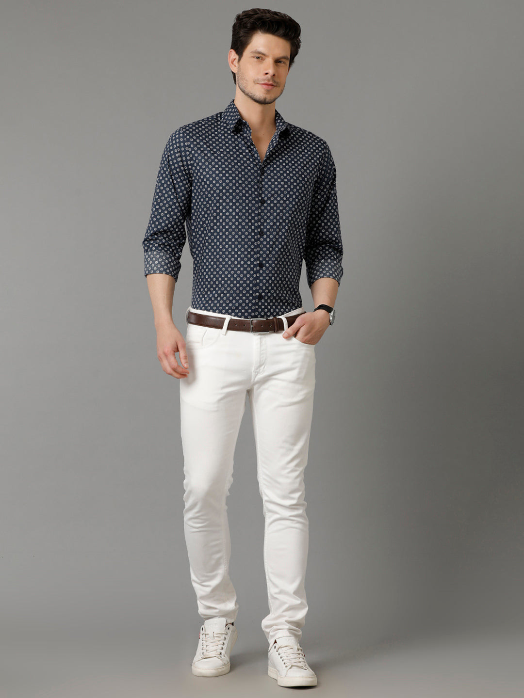 Aldeno Mens Regular Fit Abstract Print Navy Blue Casual Cotton Shirt (CHENG)