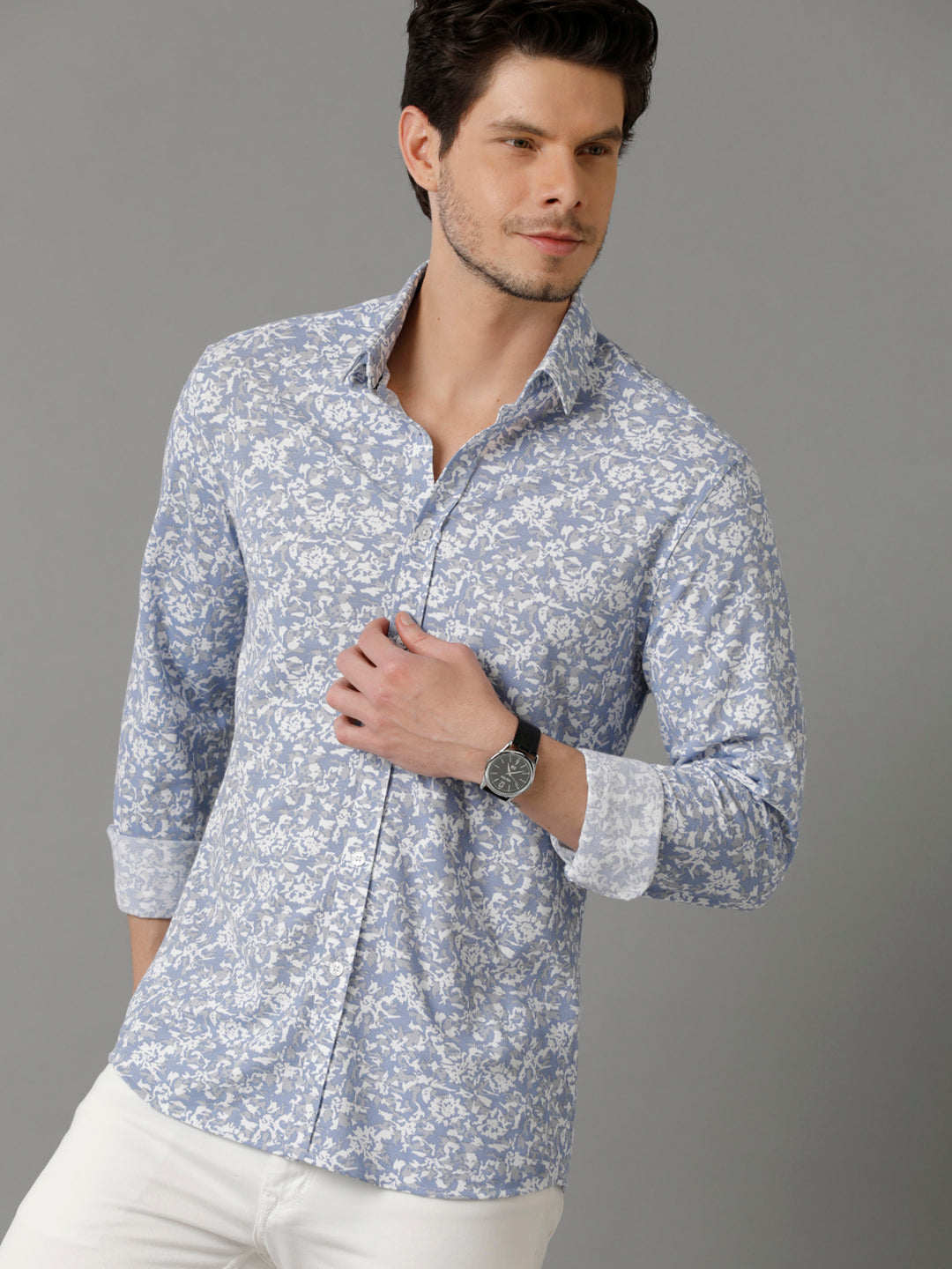 Aldeno Mens Regular Fit Abstract Print White Casual Knitted Cotton Shirt (CLAVE)
