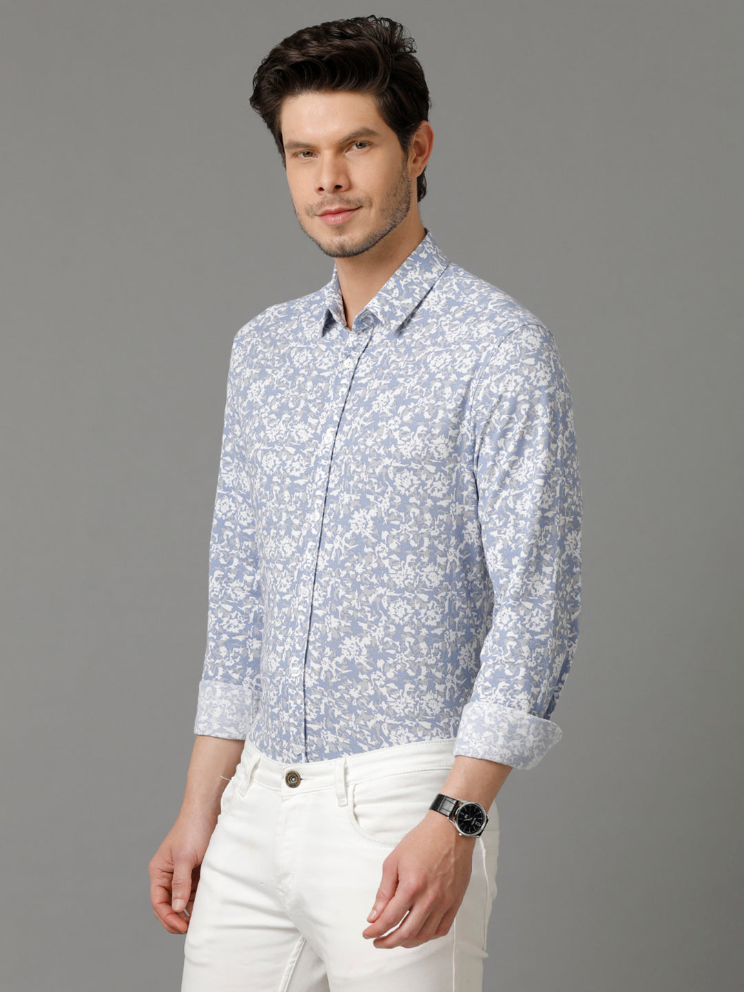 Aldeno Mens Regular Fit Abstract Print White Casual Knitted Cotton Shirt (CLAVE)