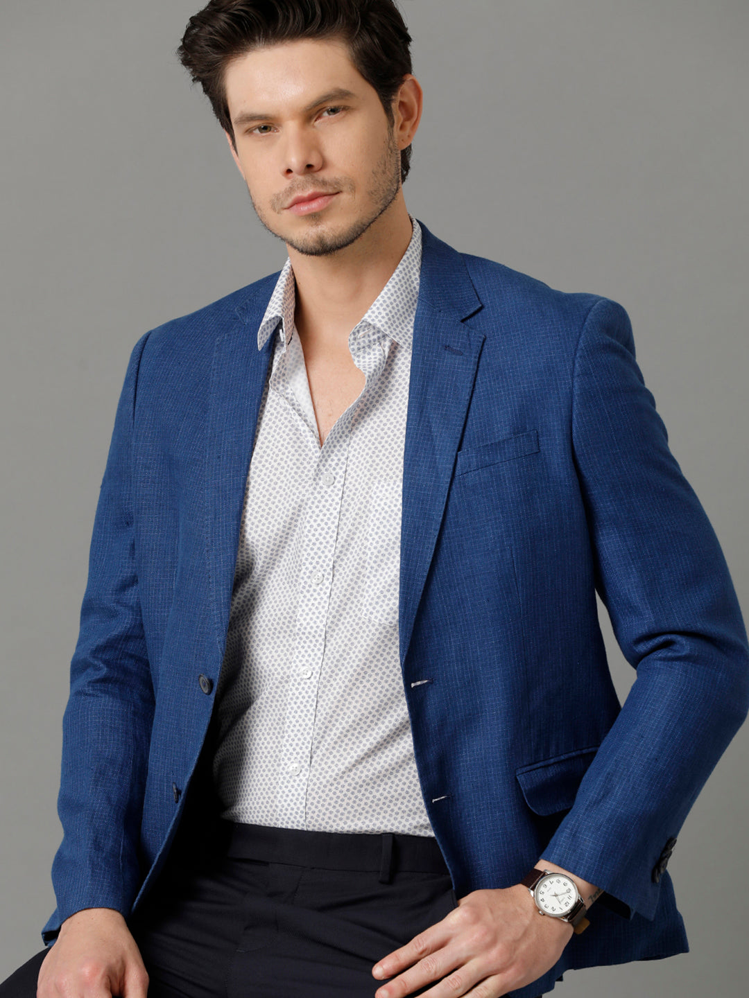 Aldeno Mens Slim Fit Floral Print Blue Formal Cotton Shirt (CLAY)