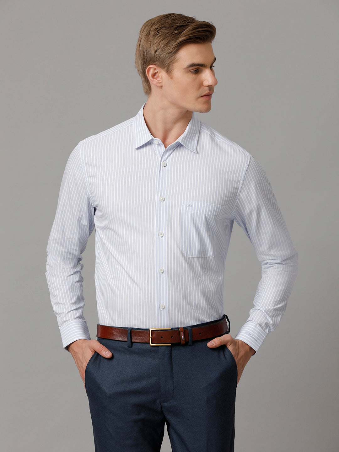 Aldeno Men Striped Formal Light Blue Shirt (CLOB)