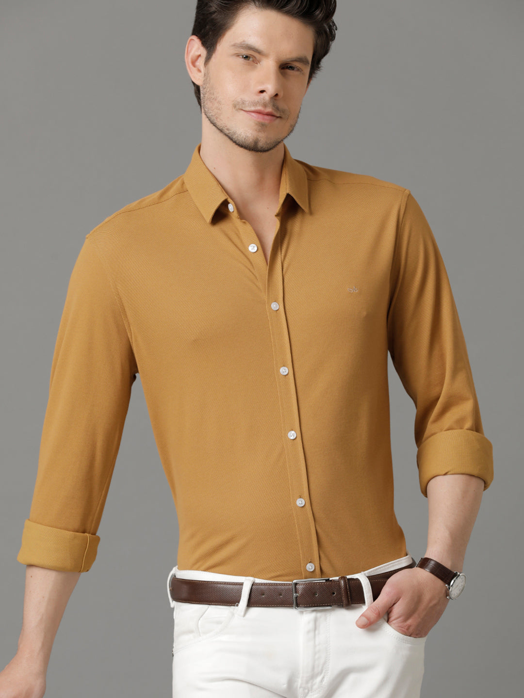 Aldeno Mens Regular Fit Solid Brown Casual Knitted Cotton Shirt (CLOTO)