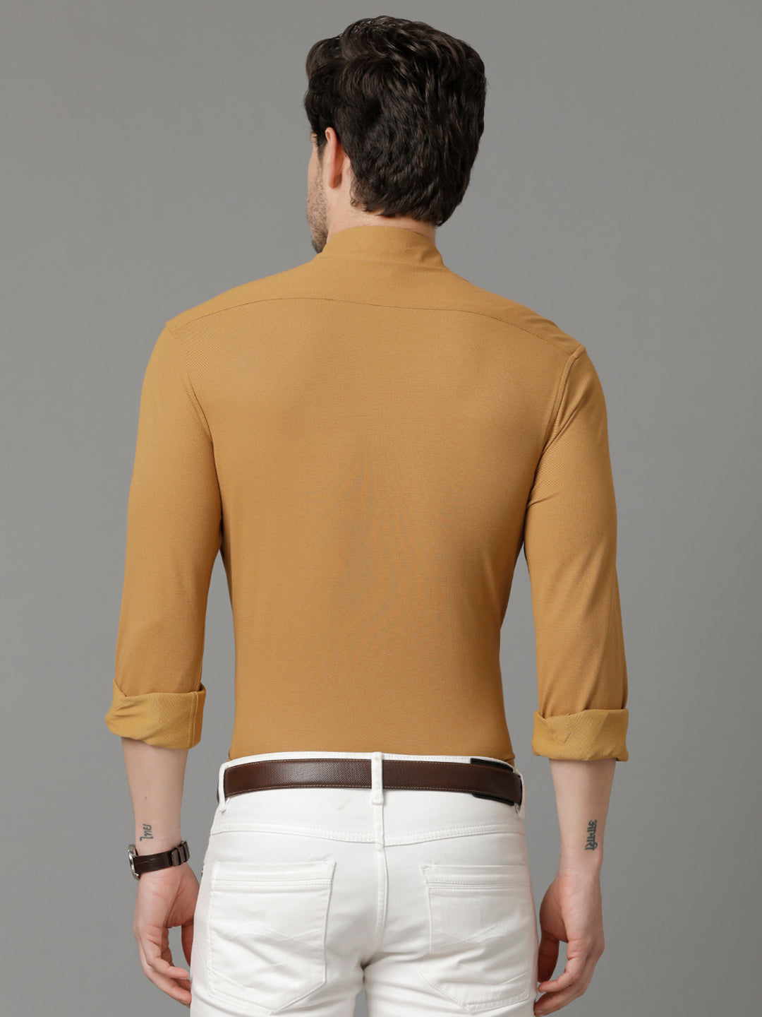 Aldeno Mens Regular Fit Solid Brown Casual Knitted Cotton Shirt (CLOTO)