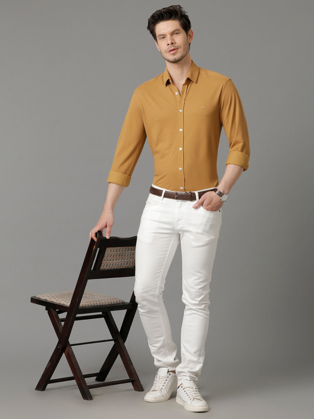 Aldeno Mens Regular Fit Solid Brown Casual Knitted Cotton Shirt (CLOTO)
