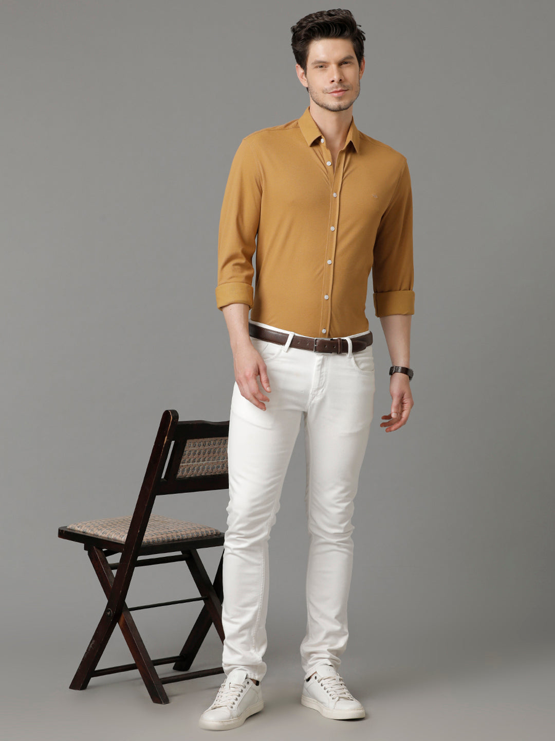 Aldeno Mens Regular Fit Solid Brown Casual Knitted Cotton Shirt (CLOTO)