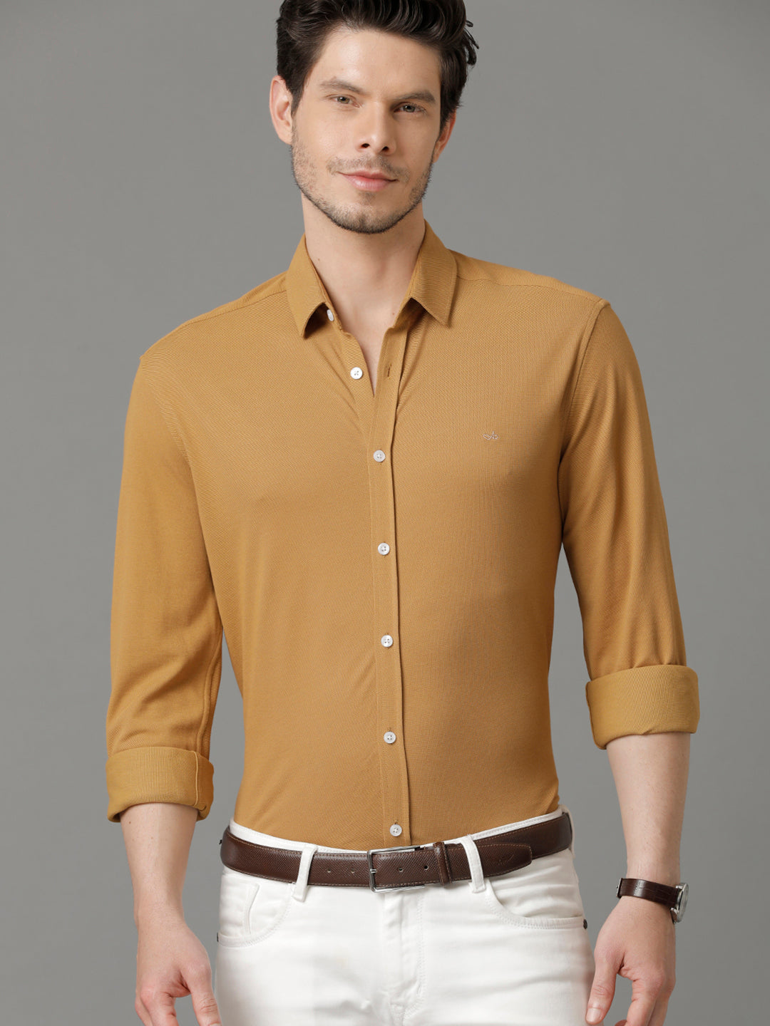 Aldeno Mens Regular Fit Solid Brown Casual Knitted Cotton Shirt (CLOTO)