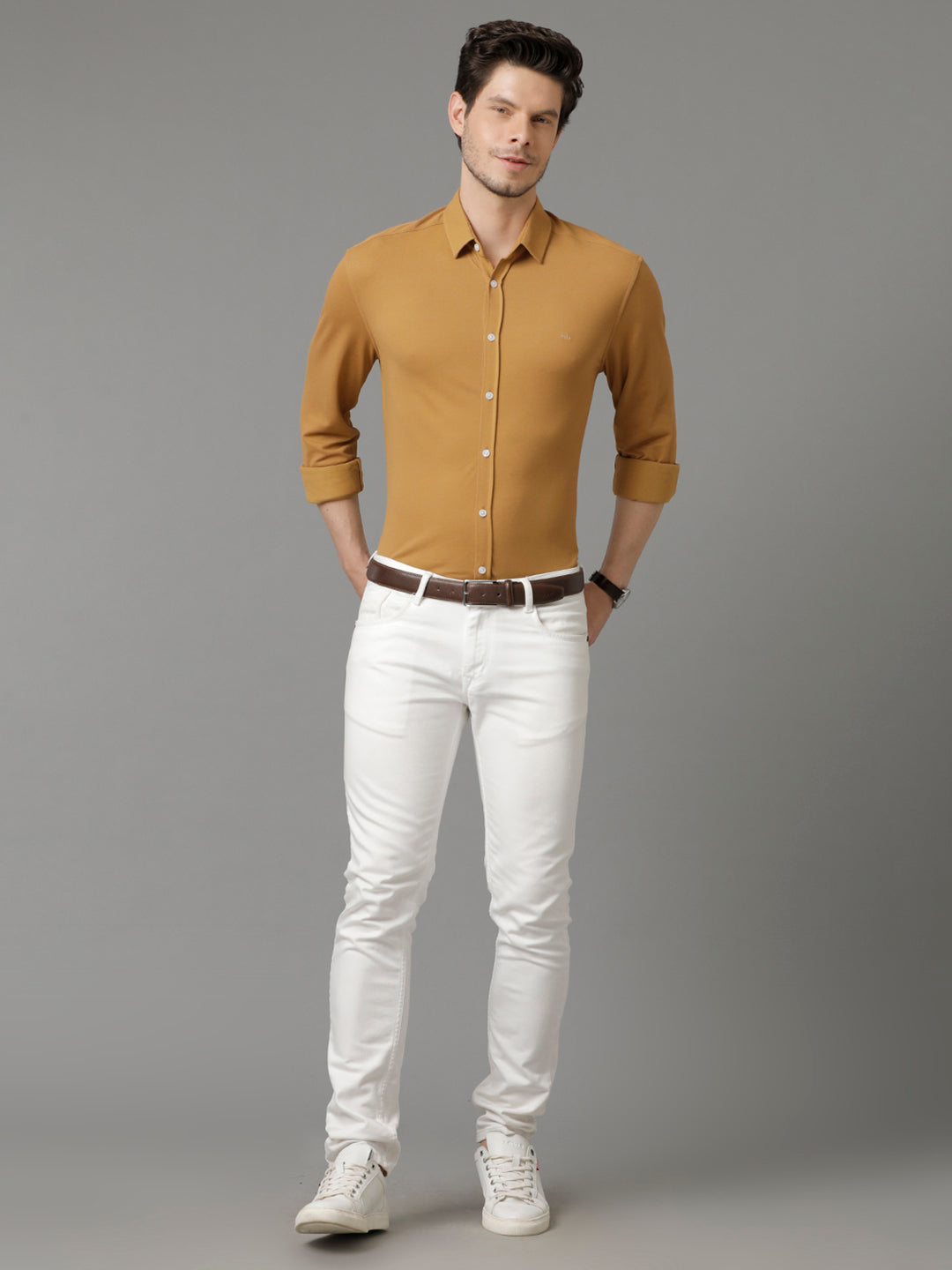 Aldeno Mens Regular Fit Solid Brown Casual Knitted Cotton Shirt (CLOTO)