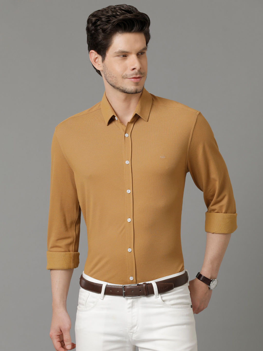 Aldeno Mens Regular Fit Solid Brown Casual Knitted Cotton Shirt (CLOTO)