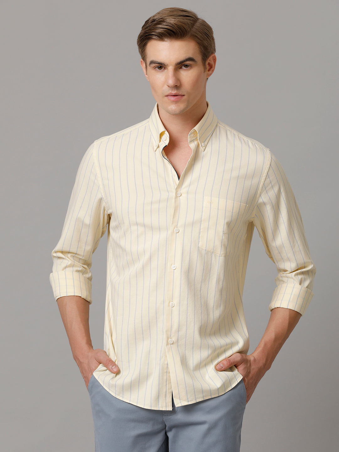 Aldeno Men Striped Formal Beige Shirt (CLYDE)