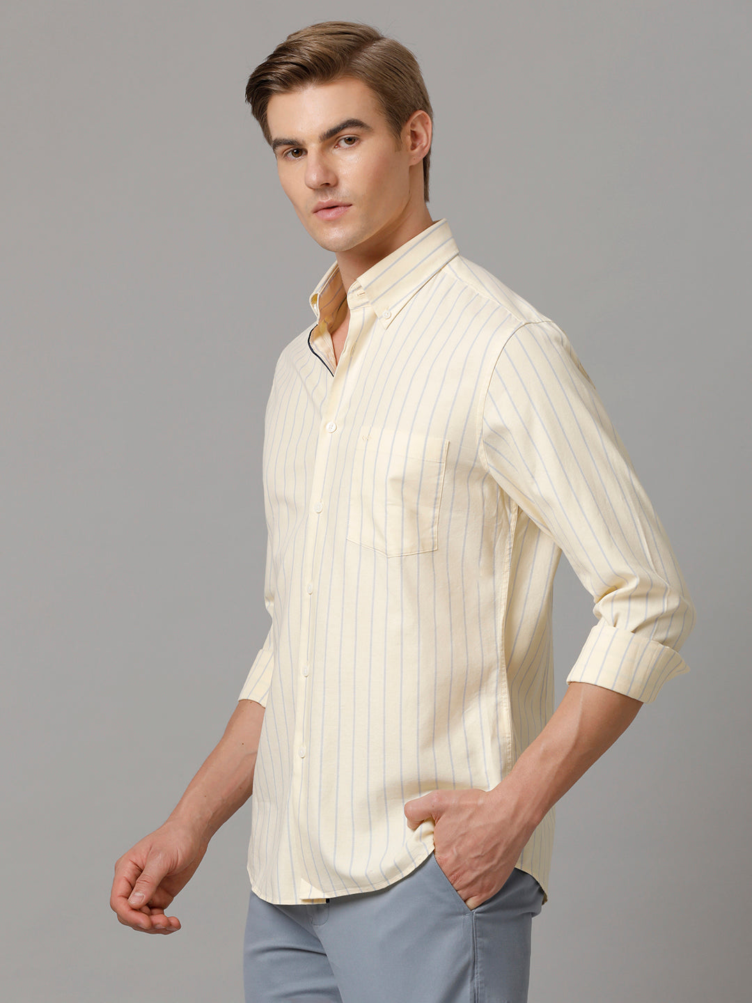 Aldeno Men Striped Formal Beige Shirt (CLYDE)