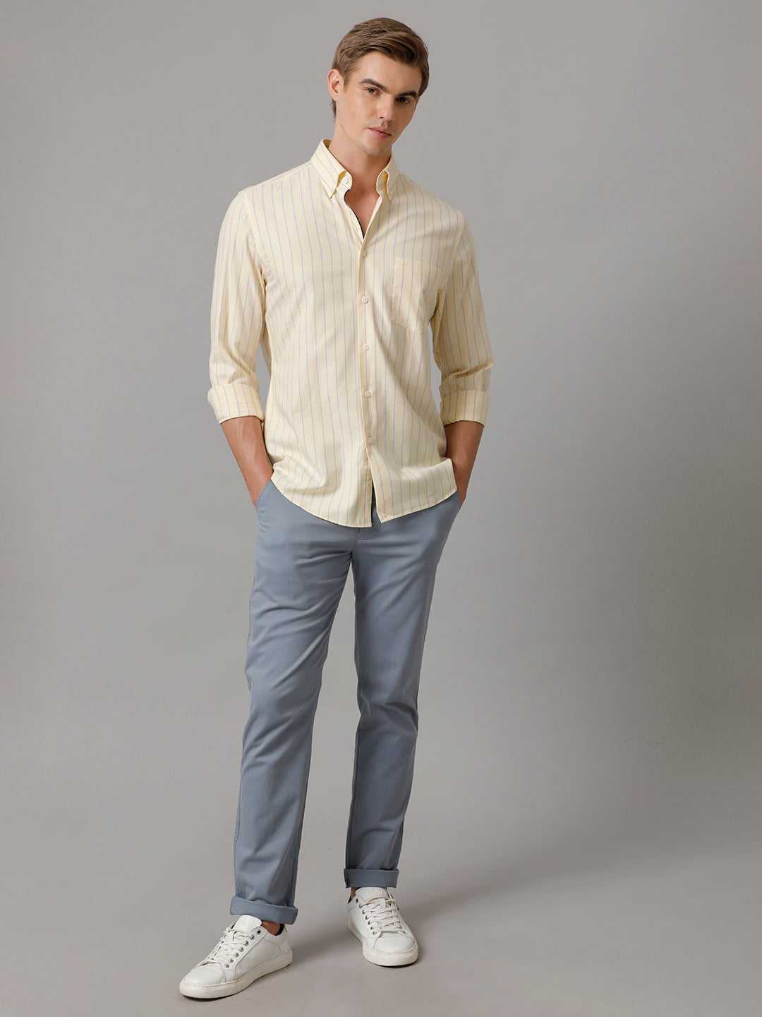 Aldeno Men Striped Formal Beige Shirt (CLYDE)