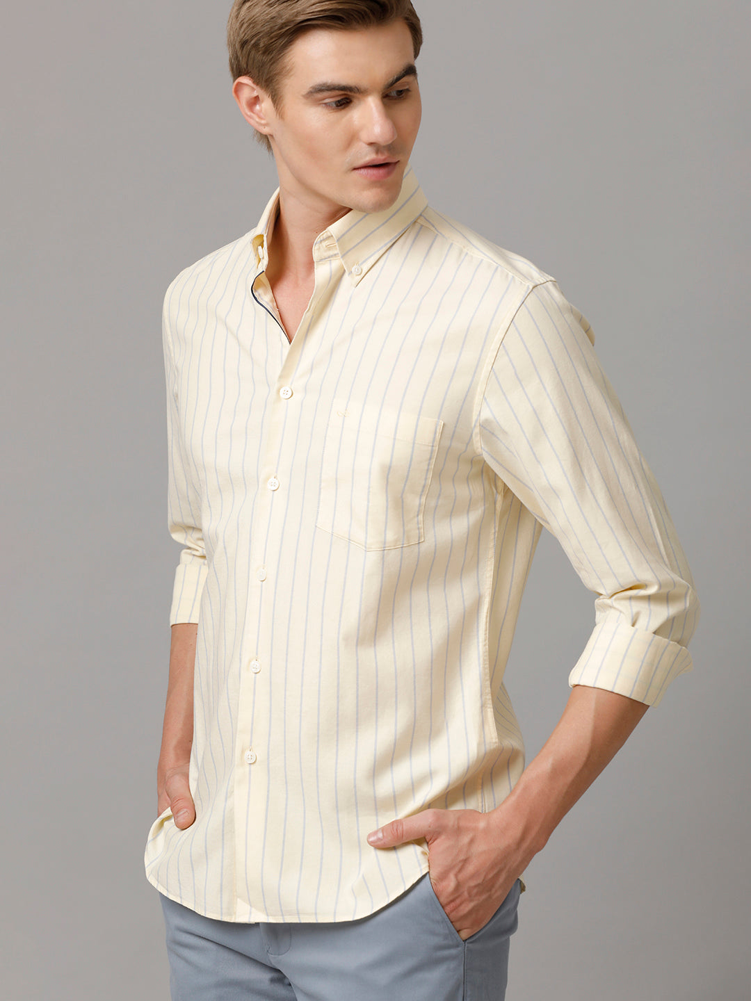 Aldeno Men Striped Formal Beige Shirt (CLYDE)