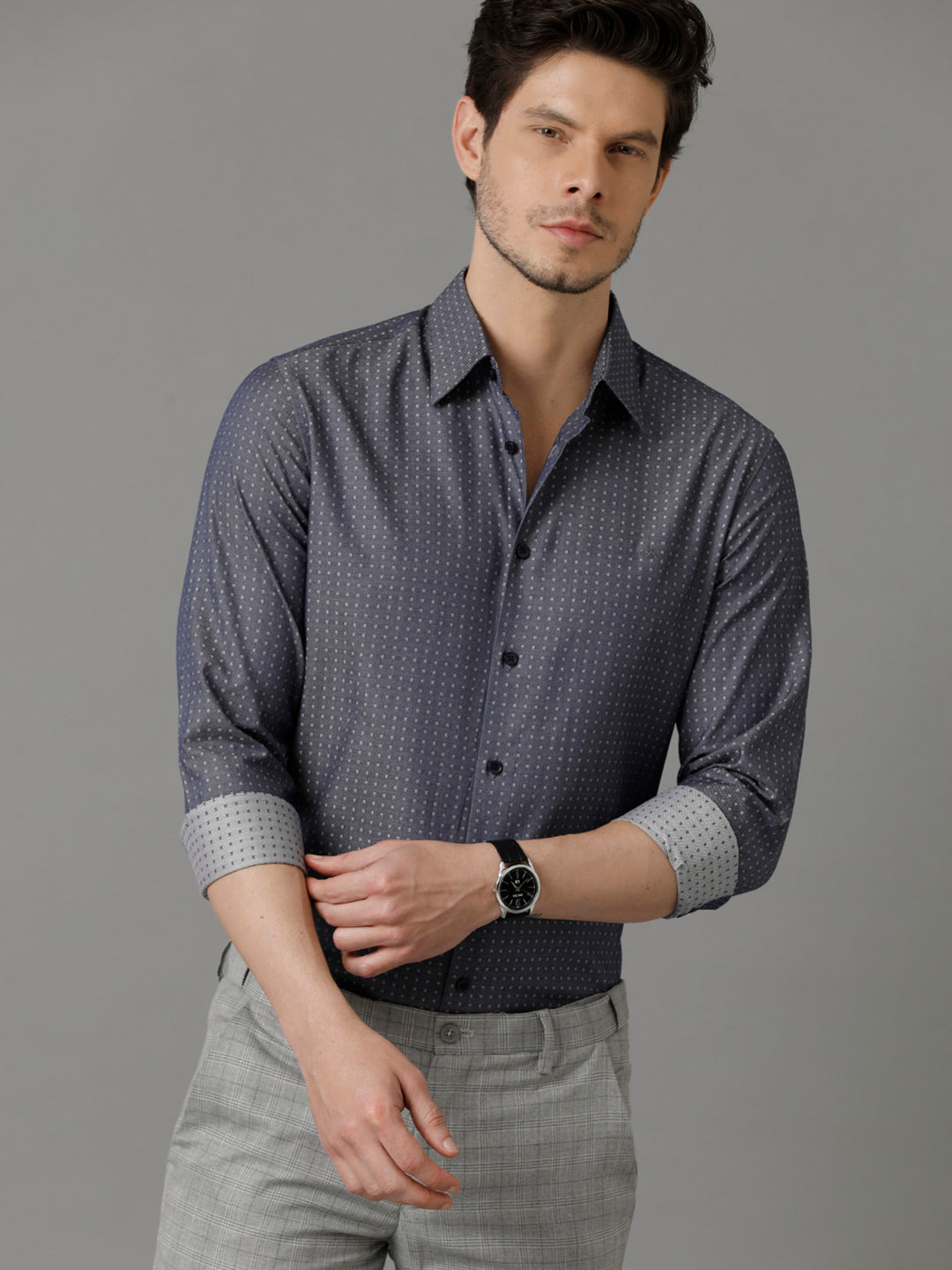 Aldeno Mens Slim Fit Geometric Print Navy Blue Casual Cotton Shirt (CLYDO)