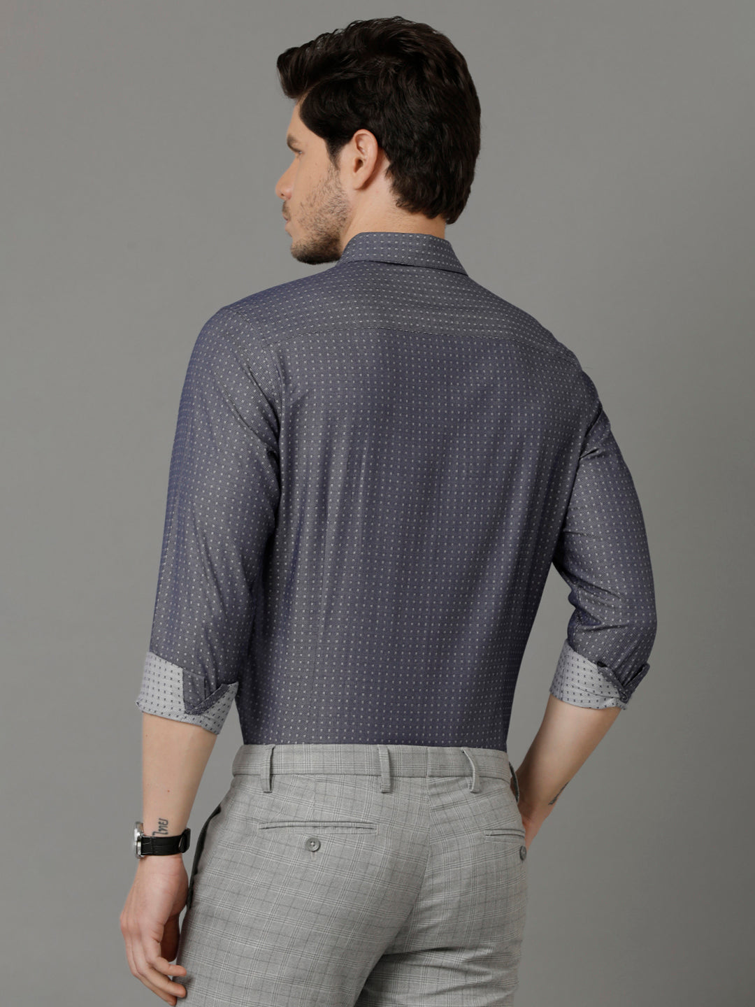 Aldeno Mens Slim Fit Geometric Print Navy Blue Casual Cotton Shirt (CLYDO)
