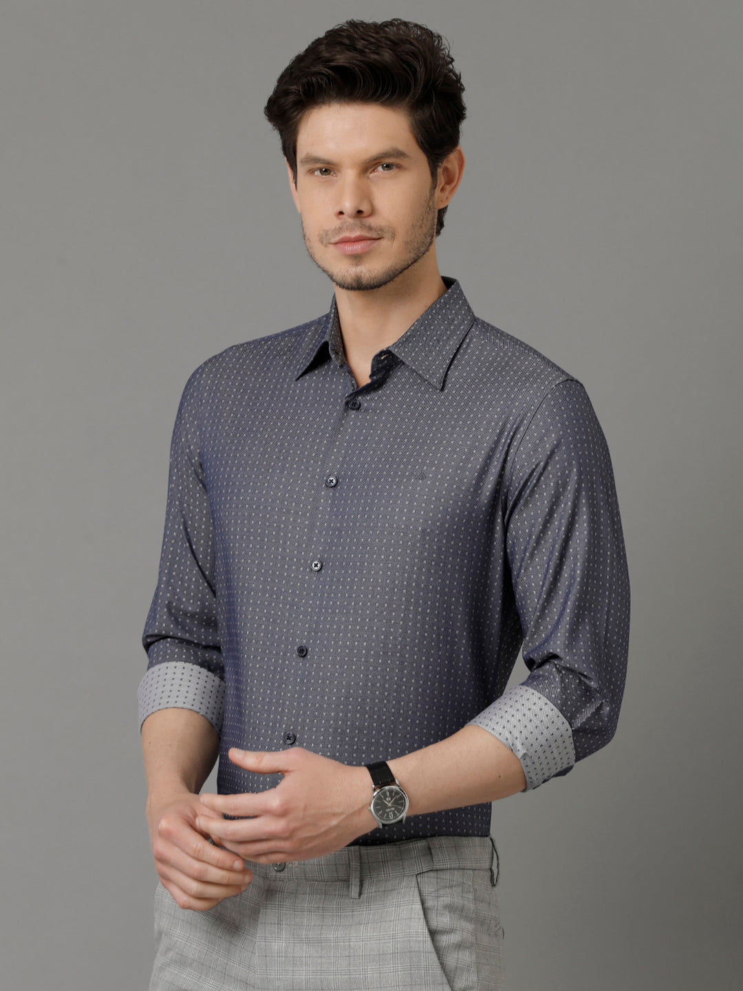 Aldeno Mens Slim Fit Geometric Print Navy Blue Casual Cotton Shirt (CLYDO)