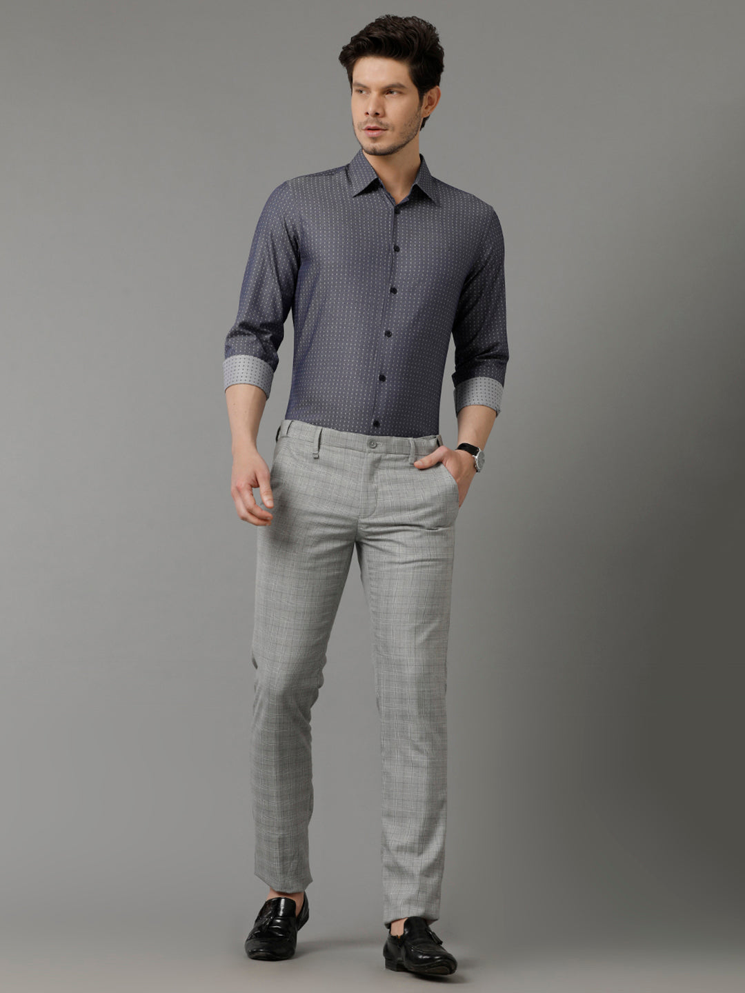 Aldeno Mens Slim Fit Geometric Print Navy Blue Casual Cotton Shirt (CLYDO)