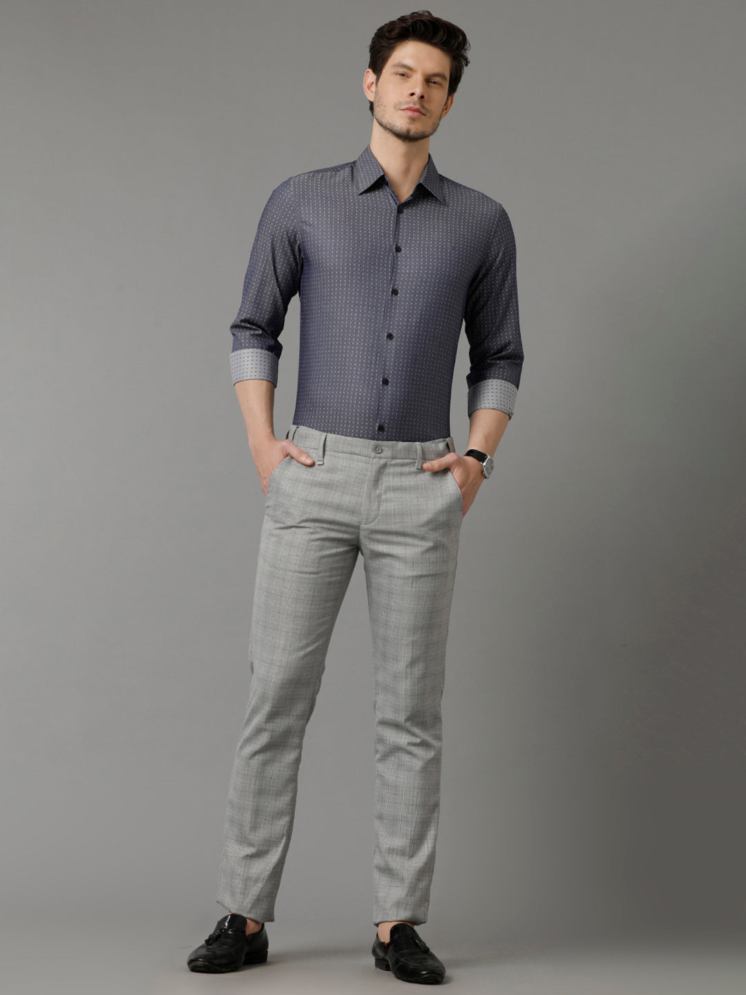 Aldeno Mens Slim Fit Geometric Print Navy Blue Casual Cotton Shirt (CLYDO)