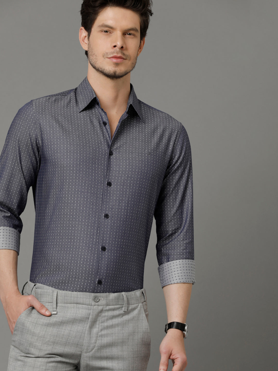 Aldeno Mens Slim Fit Geometric Print Navy Blue Casual Cotton Shirt (CLYDO)
