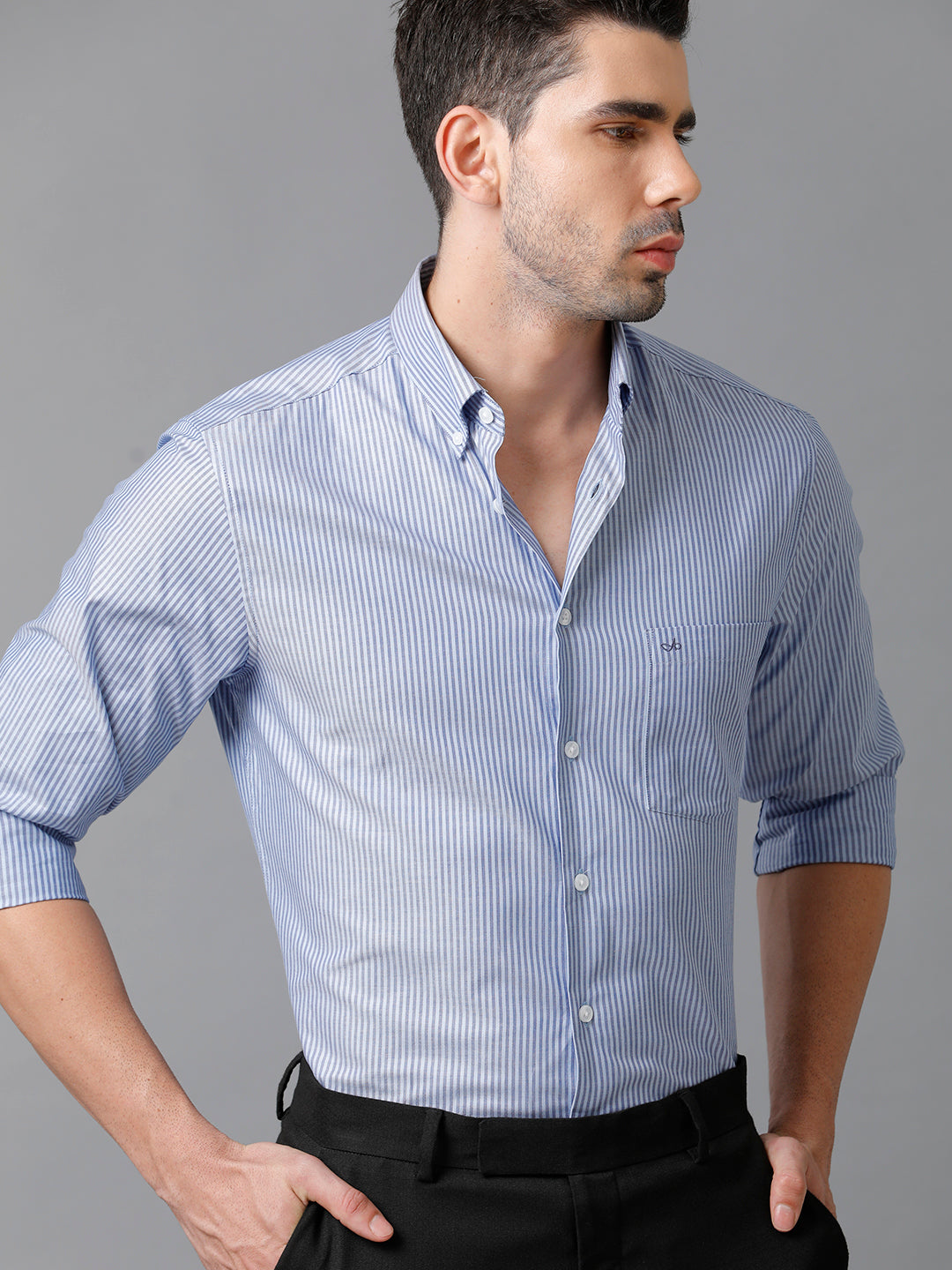 Aldeno Mens Vertical Stripes Formal Navy Blue Shirt (CODIE)