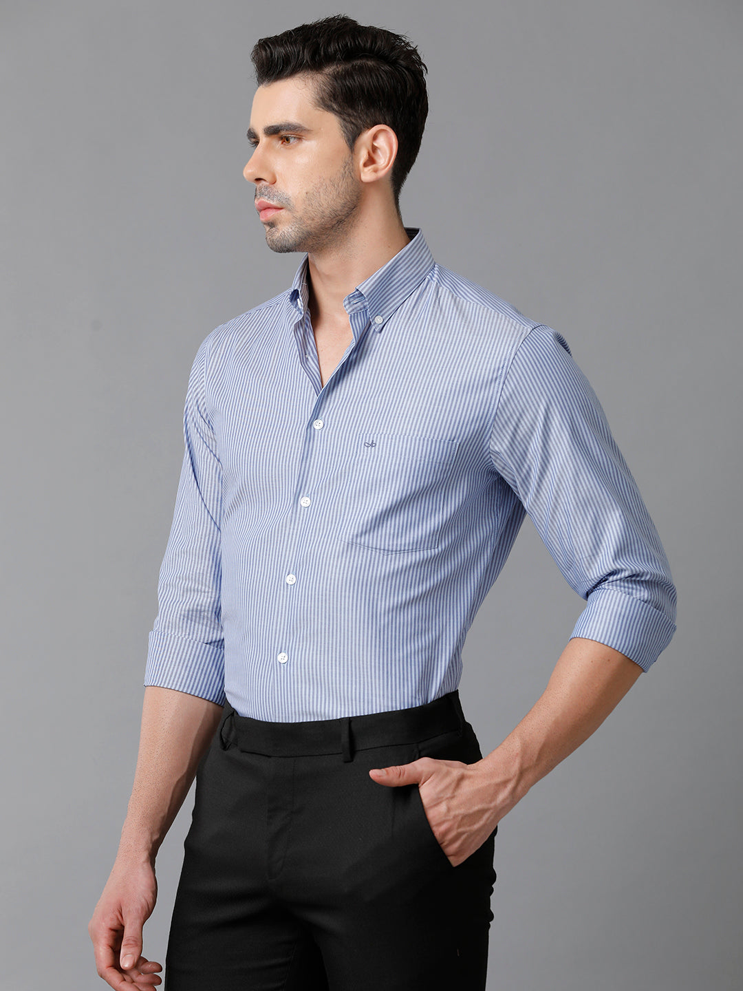 Aldeno Mens Vertical Stripes Formal Navy Blue Shirt (CODIE)