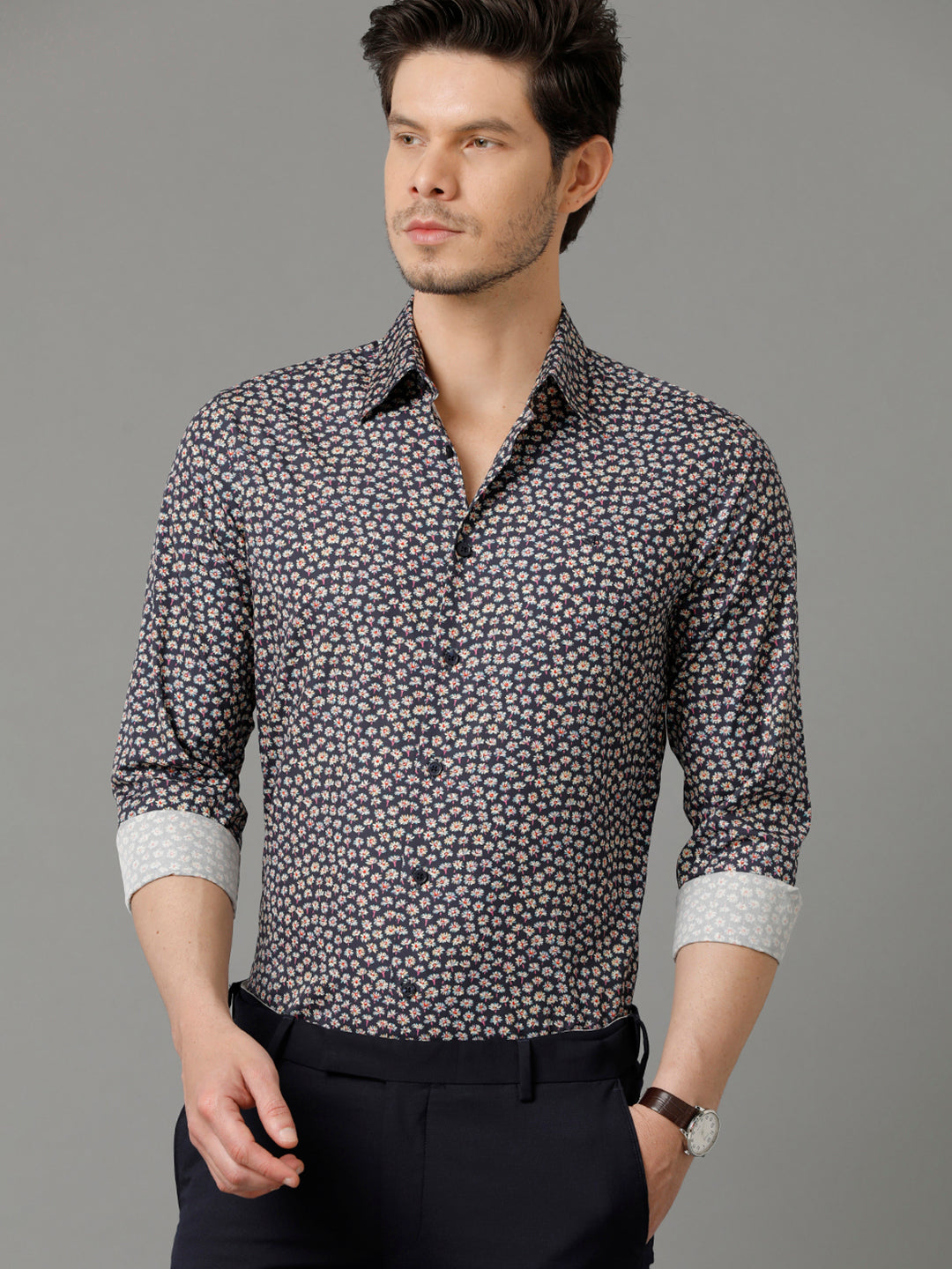 Aldeno Mens Slim Fit Floral Print Navy Blue Casual Cotton Shirt (COLBY)