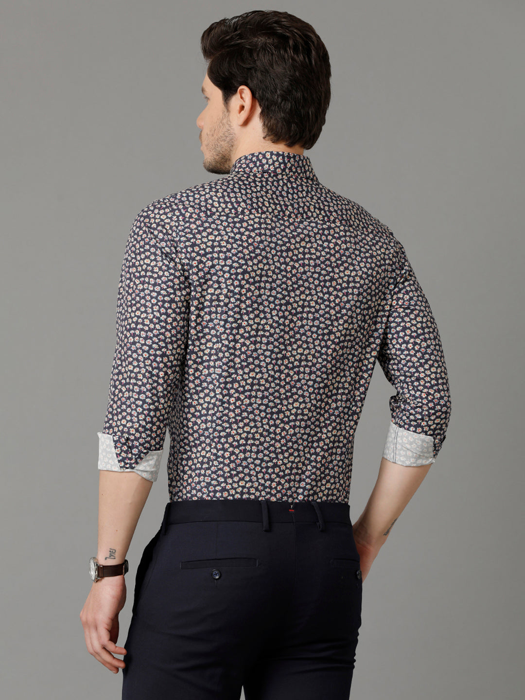 Aldeno Mens Slim Fit Floral Print Navy Blue Casual Cotton Shirt (COLBY)