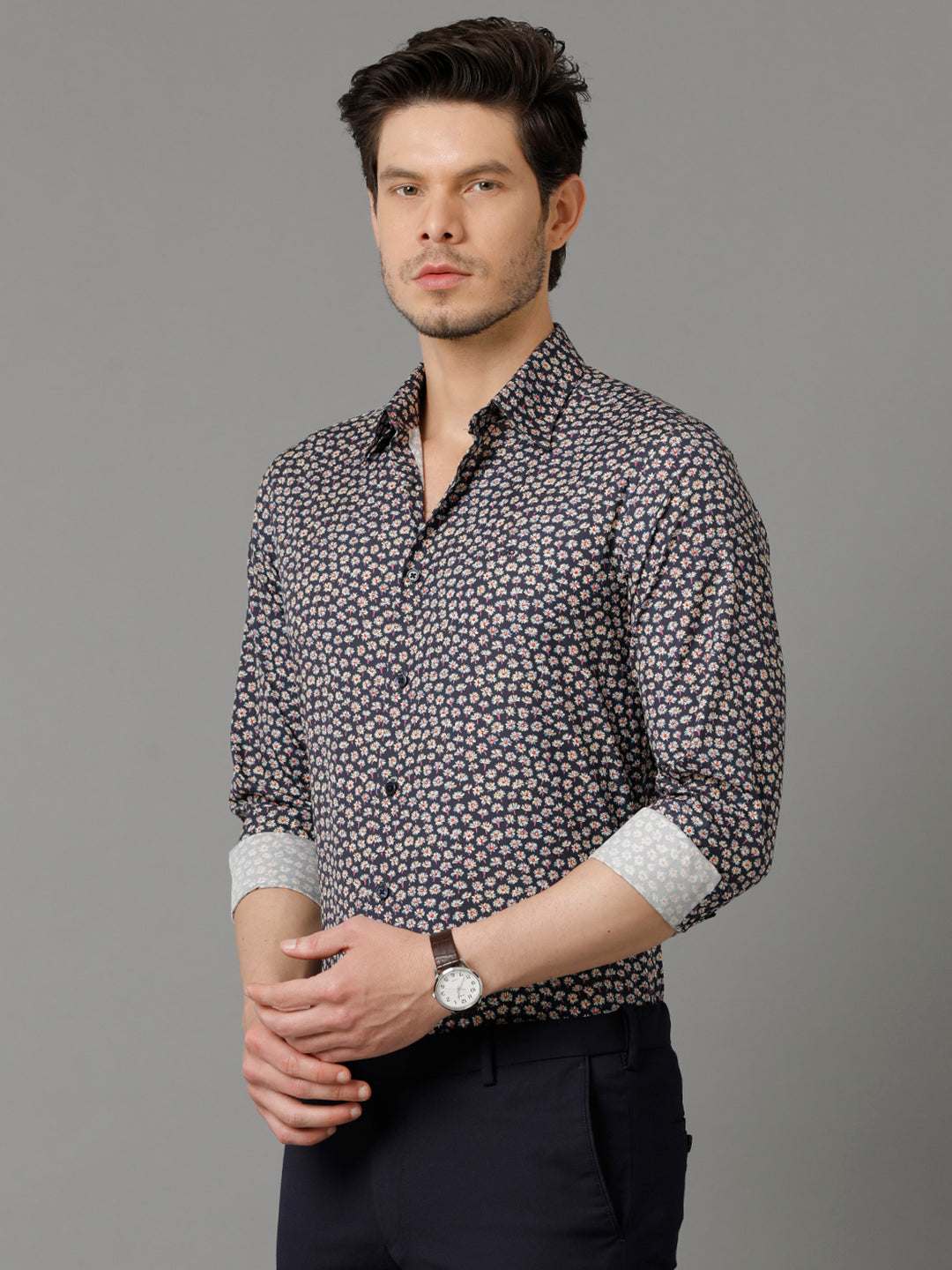 Aldeno Mens Slim Fit Floral Print Navy Blue Casual Cotton Shirt (COLBY)