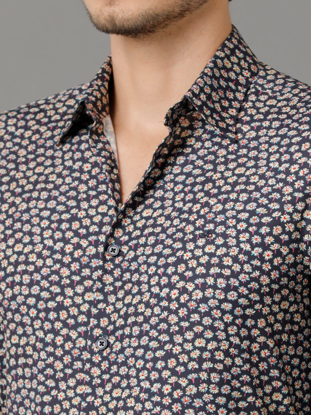 Aldeno Mens Slim Fit Floral Print Navy Blue Casual Cotton Shirt (COLBY)