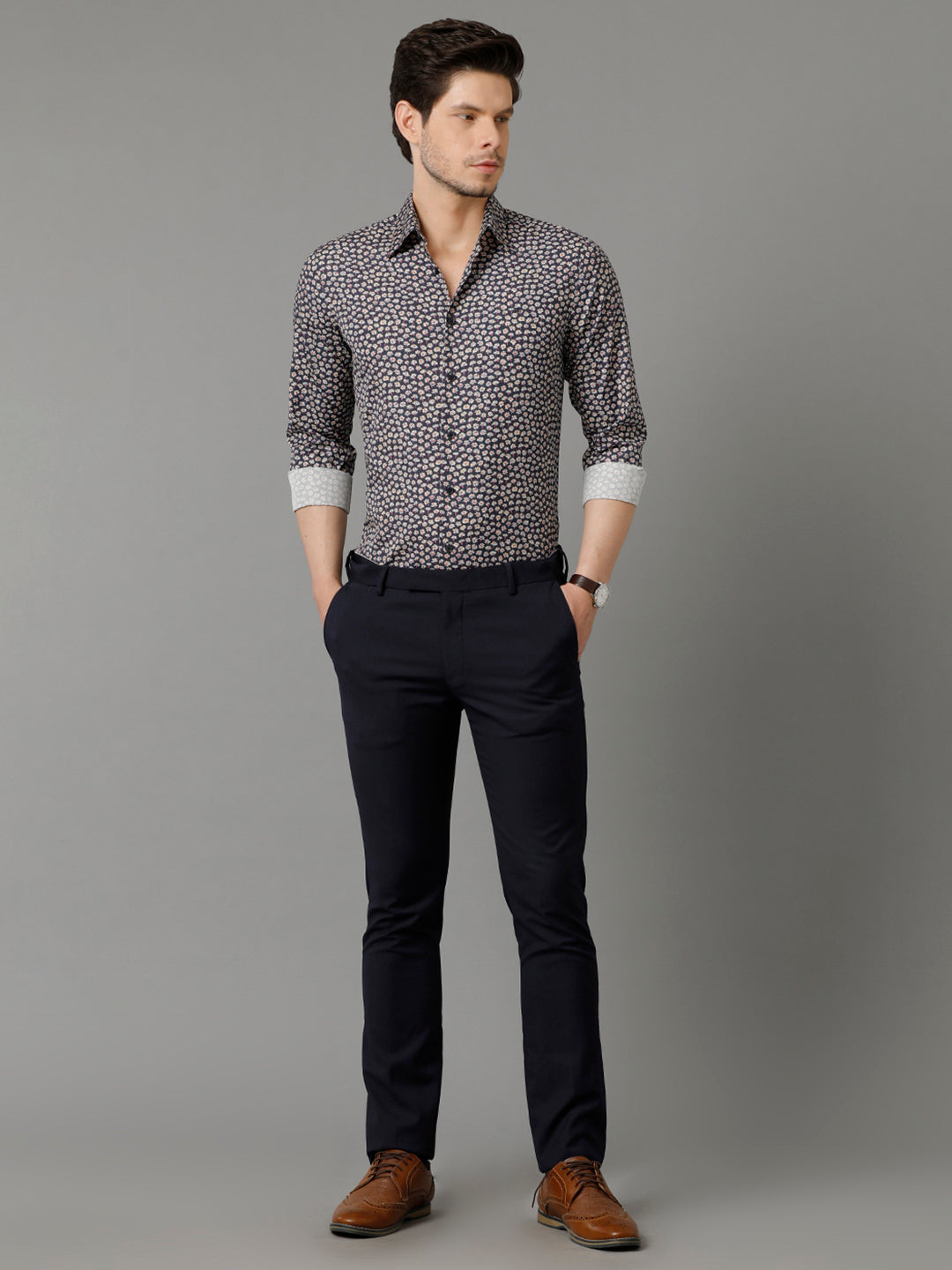 Aldeno Mens Slim Fit Floral Print Navy Blue Casual Cotton Shirt (COLBY)