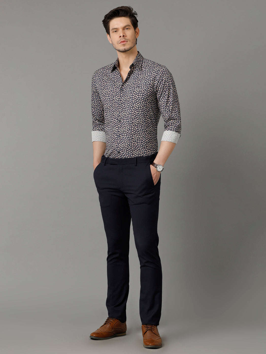 Aldeno Mens Slim Fit Floral Print Navy Blue Casual Cotton Shirt (COLBY)