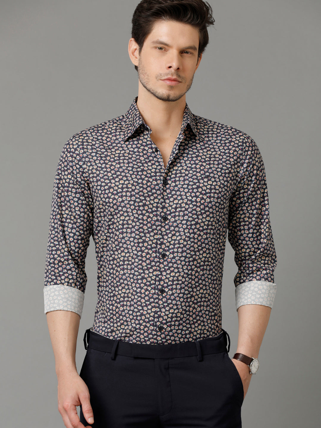 Aldeno Mens Slim Fit Floral Print Navy Blue Casual Cotton Shirt (COLBY)