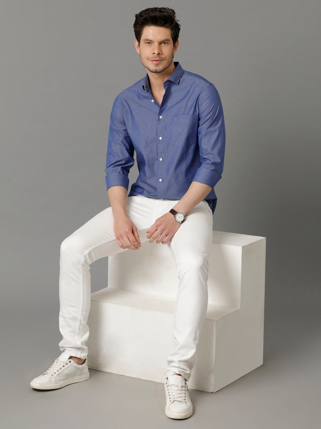 Aldeno Mens Slim Fit Solid Blue Formal Cotton Shirt (COLTO)