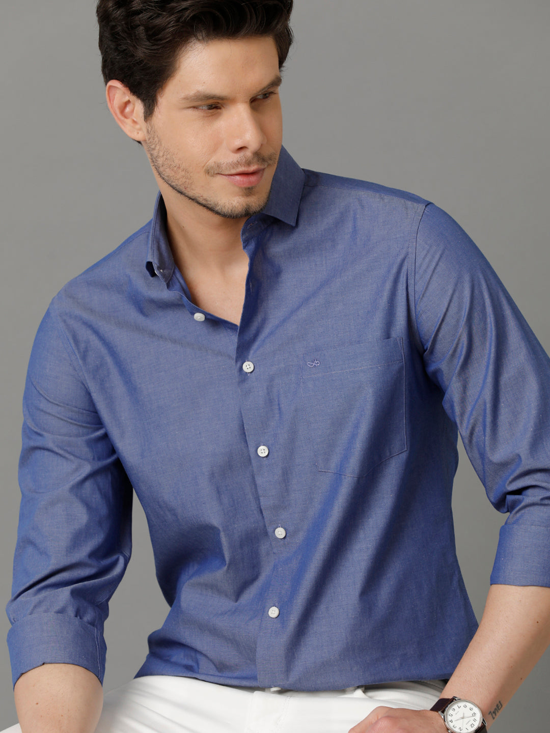 Aldeno Mens Slim Fit Solid Blue Formal Cotton Shirt (COLTO)