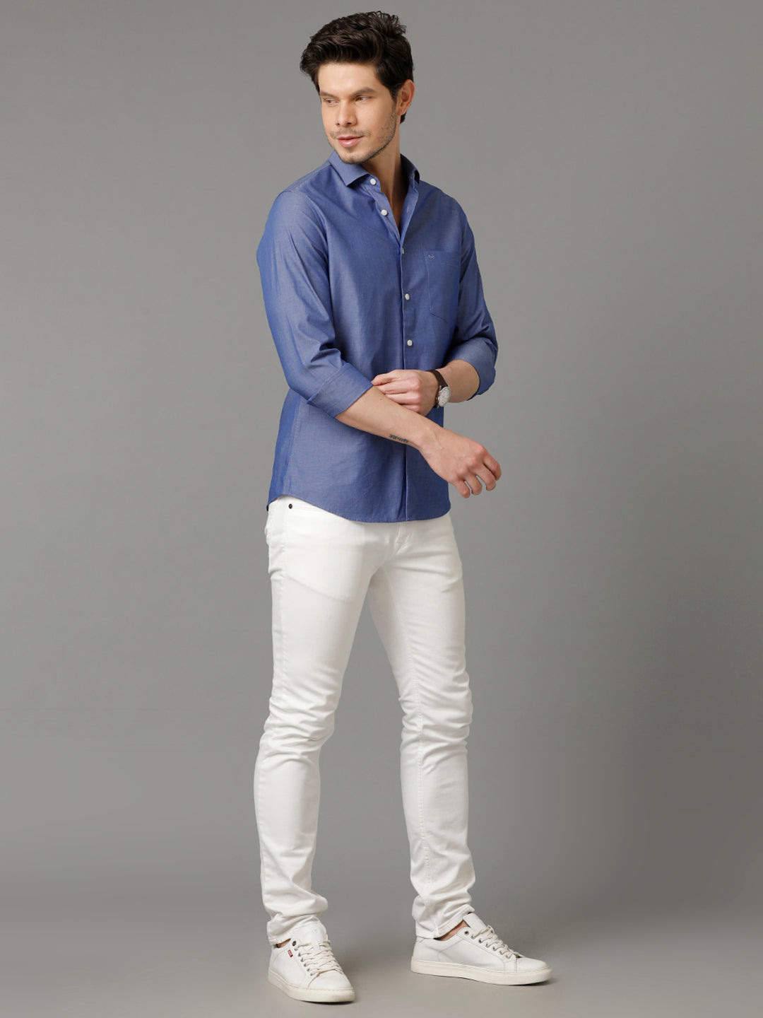 Aldeno Mens Slim Fit Solid Blue Formal Cotton Shirt (COLTO)