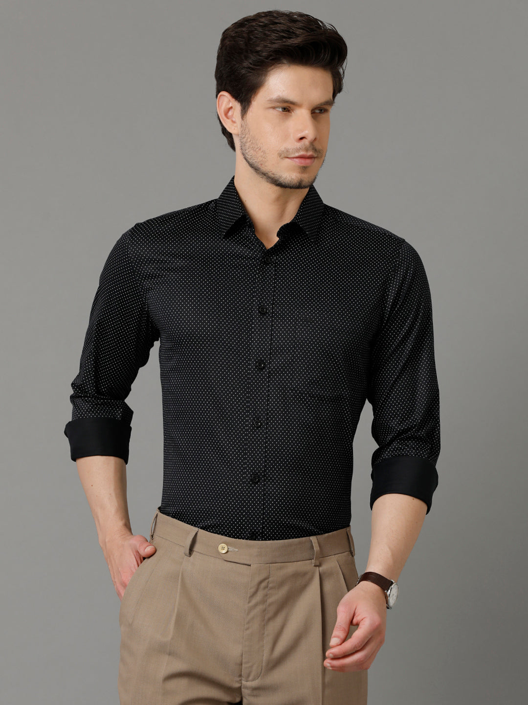 Aldeno Mens Slim Fit Micro Ditsy Print White Formal Cotton Shirt (CONOR)