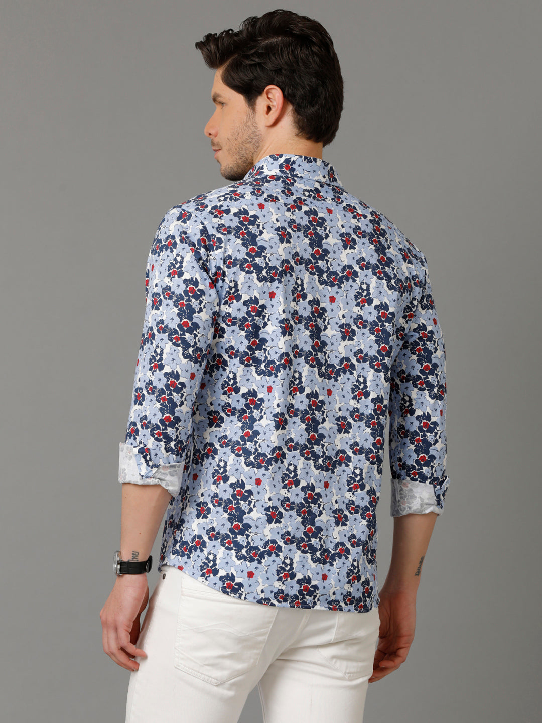 Aldeno Mens Regular Fit Floral Print Blue Casual Knitted Cotton Shirt (CONST)